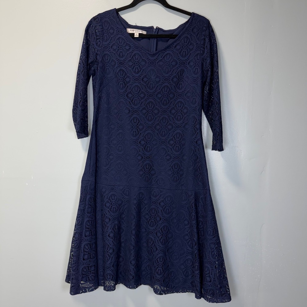 Evan-Picone Navy Blue Lace Drop Waist Dress 3/4 Sleeve Size‎ 8 Wedding Cocktail